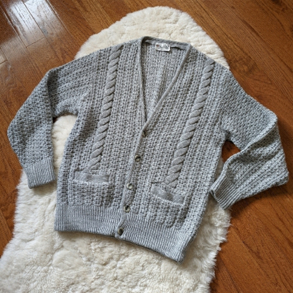 Vintage Sweaters Vintage Mens Cable Knit Cardigan Sweater Grey
